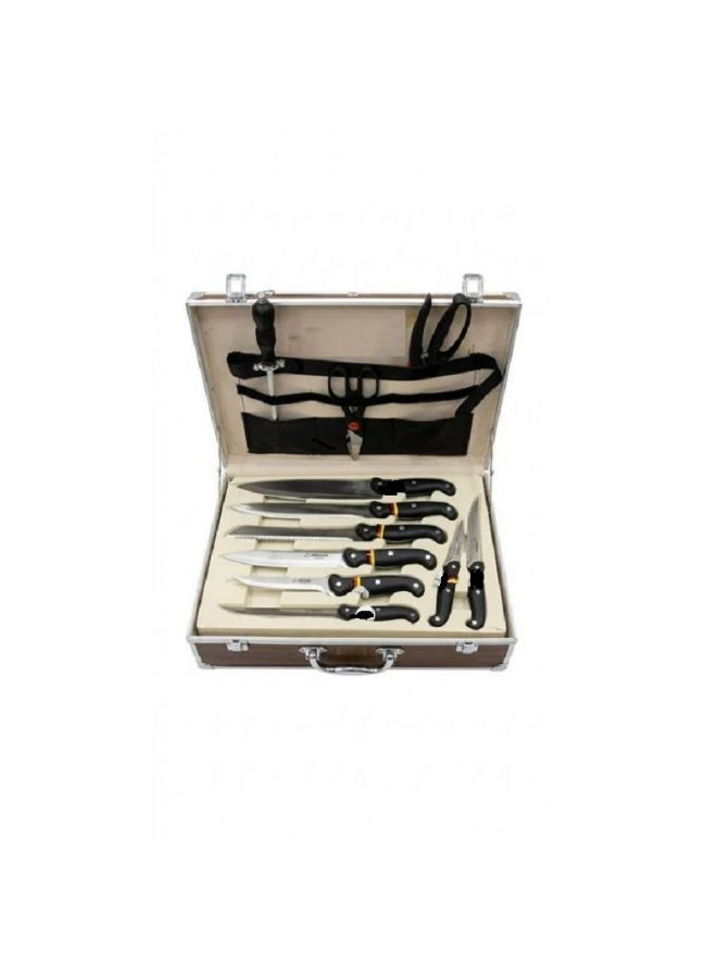A professional chef's knife set featuring sharp stainless steel blades, presented in a luxury display case that combines elegance and functionality. - Image 1