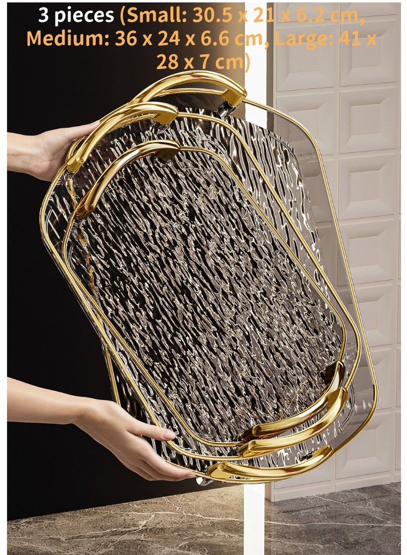 3-Piece Clear Tray Set with Polished Metal Handles Wavy-Patterned Clear Trays Spill-Proof Trays Decorative Trays Ideal for Coffee Tables, Side Tables, and Storage (Perfect Gift for Friends and Family) - Image 1