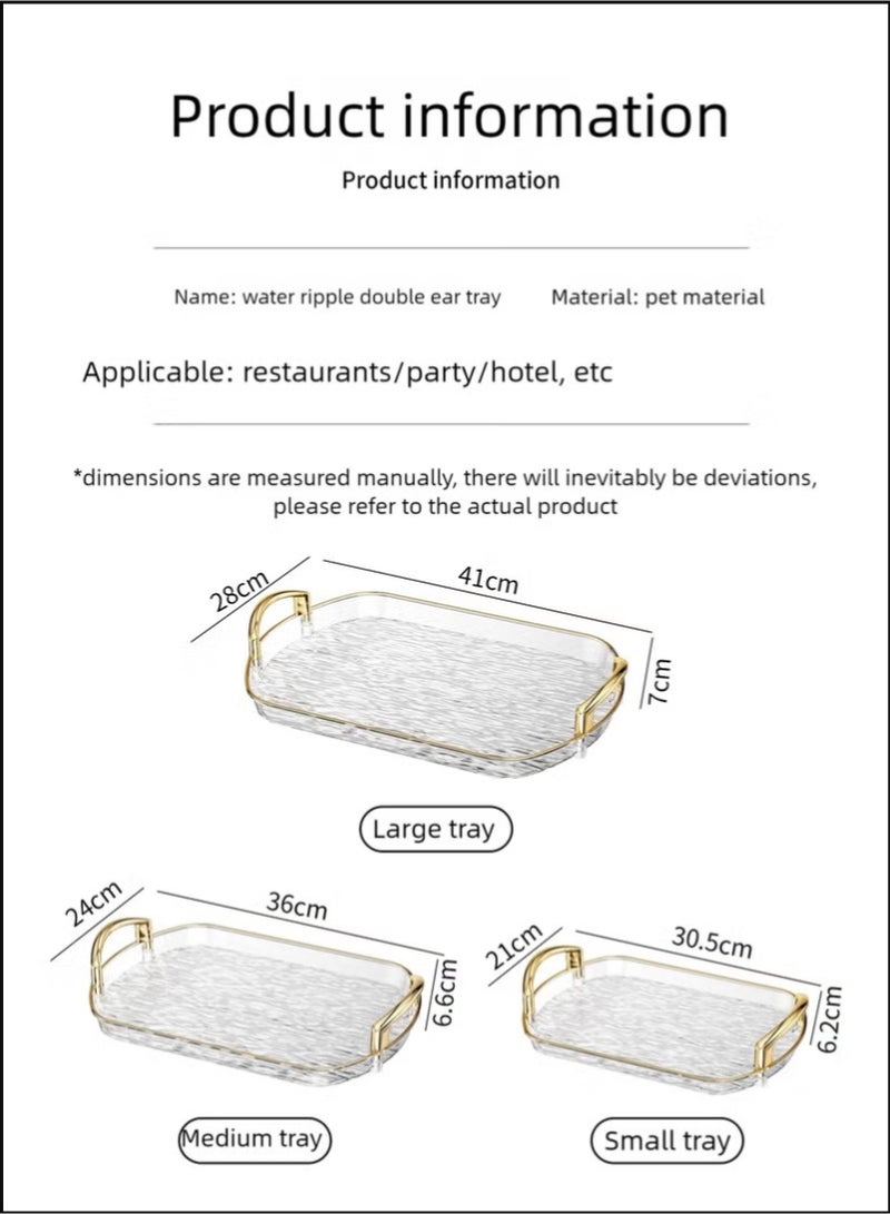 3-Piece Clear Tray Set with Polished Metal Handles Wavy-Patterned Clear Trays Spill-Proof Trays Decorative Trays Ideal for Coffee Tables, Side Tables, and Storage (Perfect Gift for Friends and Family) - Image 3
