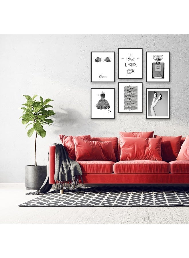 Home Trove Hogebig Fashion Wall Art Prints Silver Grey Room Decor Glitter Black Dress Wall Decor Art Posters Perfume Bottle Lipstick Eye Shadow Makeup Girls Room Pictures (11"X14" Unframed)  - Image 2