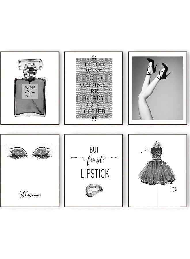 Home Trove Hogebig Fashion Wall Art Prints Silver Grey Room Decor Glitter Black Dress Wall Decor Art Posters Perfume Bottle Lipstick Eye Shadow Makeup Girls Room Pictures (11"X14" Unframed)  - Image 1