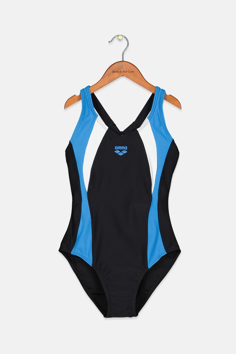 arena Women Graphic One Piece Swimwear, Black and Blue and White  - Image 1