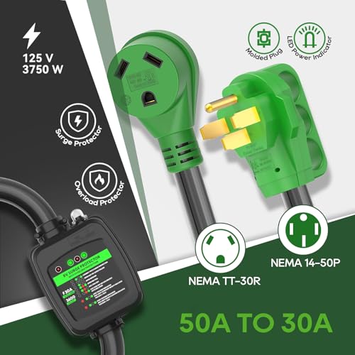RVGUARD Surge Protector 50 Amp to 30 Amp RV Adapter Cord with Overload Protection, NEMA 14-50P to NEMA TT-30R Electrical Power Adapter, 2 Feet, Green, ETL Listed - Image 5