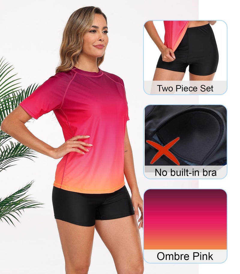 Halcurt Women's Rash Guard Swim Wear UPF 50 2 Piece Swimsuit Shirt and Board Shorts Ombre Pink L - Image 4