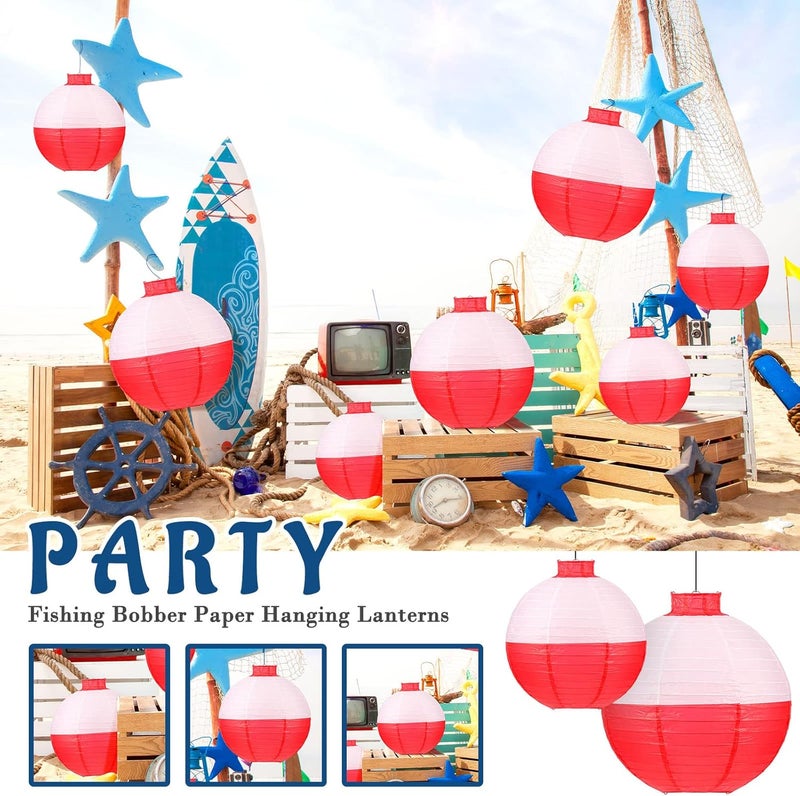 Hortsun Set of 24 Fishing Bobber Round Paper Hanging Lanterns Fishing Party Decorations Hanging Lanterns White and Red Paper Lantern for Theme Birthday Party Supplies Favors 12 Inches 8 Inches - Image 2