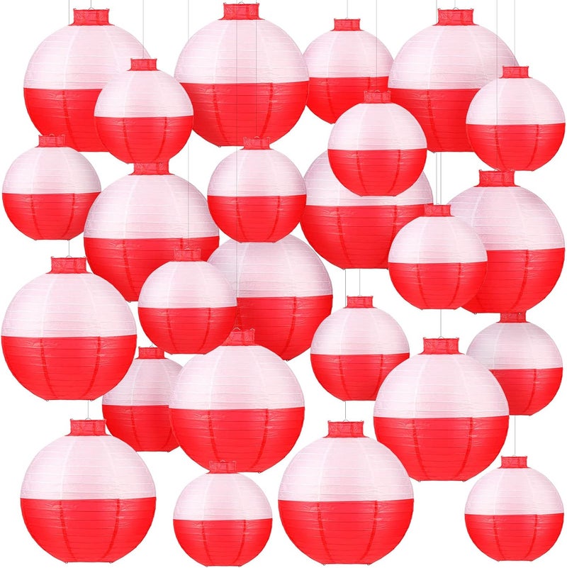 Hortsun Set of 24 Fishing Bobber Round Paper Hanging Lanterns Fishing Party Decorations Hanging Lanterns White and Red Paper Lantern for Theme Birthday Party Supplies Favors 12 Inches 8 Inches - Image 1