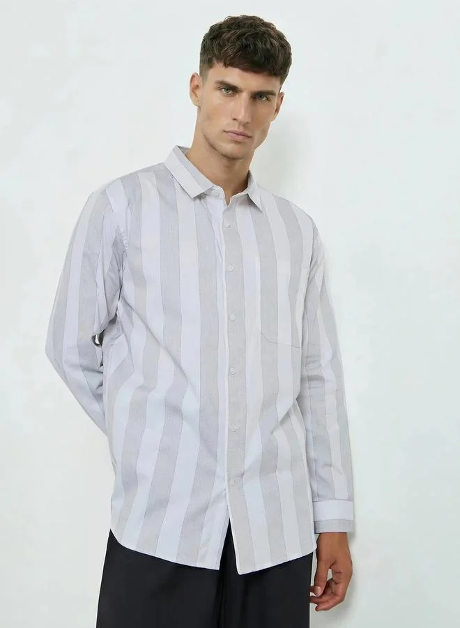 Styli Men Grey Relaxed Fit Cotton Striped Shirt