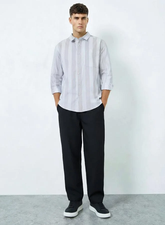 Styli Men Grey Relaxed Fit Cotton Striped Shirt