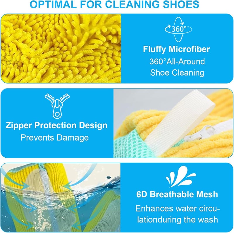 WOBEVB 2Pcs Shoe Washing Machine Bag-Laundry Shoe Bag for Washer and Dryer, Reusable Shoe Cleaning Bag for Sneaker Tennis Shoes Unstain Cleaner Kit, Includes 10 Shoe Bags for Travel (Yellow) - Image 3