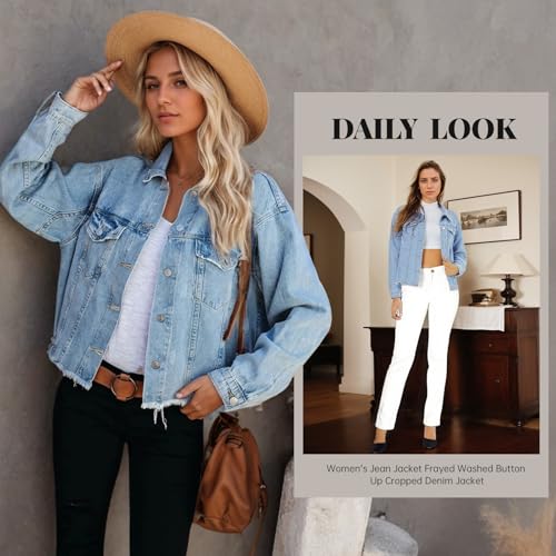 LONGBIDA Women's Jean Jacket Frayed Washed Button Up Cropped Denim Jacket With Pockets(Light Blue,S) - Image 3