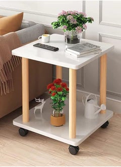 2-Tier Moveable Wooden Side Tall End Table, Nightstand Bedside Desk, Coffee Table, Home Storage Rack with Storage Rack for Living Room Bedroom Office with 360° Wheel
