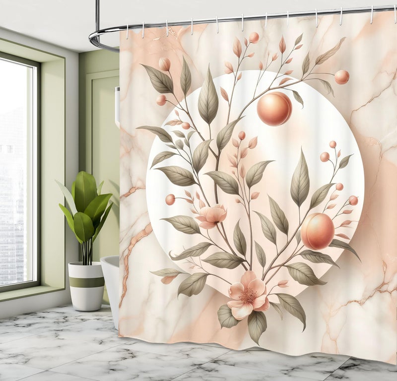 Ambesonne Peach Shower Curtain  Vintage Botanical Flowering Orchard Tree Branch on Pastel Marble Print  Cloth Fabric Bathroom Decor Set with Hooks  69"" W x 70"" L  Slate Brown and Pale Tan - Image 2