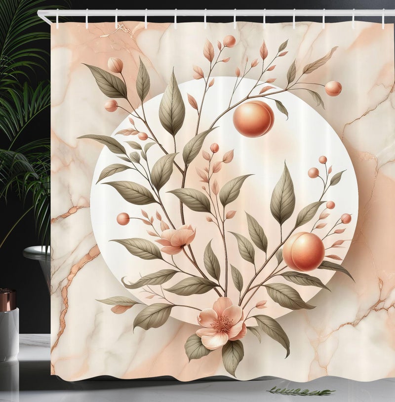 Ambesonne Peach Shower Curtain  Vintage Botanical Flowering Orchard Tree Branch on Pastel Marble Print  Cloth Fabric Bathroom Decor Set with Hooks  69"" W x 70"" L  Slate Brown and Pale Tan - Image 1