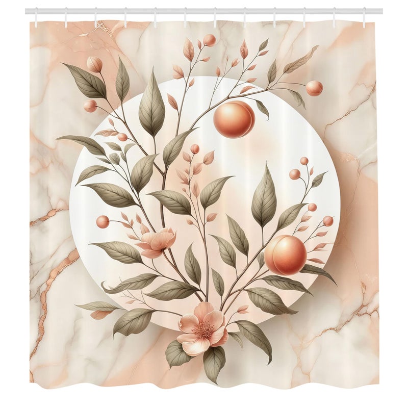 Ambesonne Peach Shower Curtain  Vintage Botanical Flowering Orchard Tree Branch on Pastel Marble Print  Cloth Fabric Bathroom Decor Set with Hooks  69"" W x 70"" L  Slate Brown and Pale Tan - Image 4