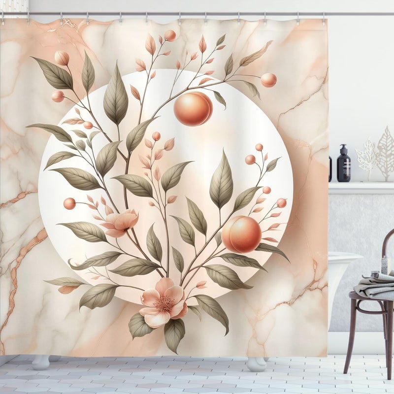 Ambesonne Peach Shower Curtain  Vintage Botanical Flowering Orchard Tree Branch on Pastel Marble Print  Cloth Fabric Bathroom Decor Set with Hooks  69"" W x 70"" L  Slate Brown and Pale Tan - Image 3