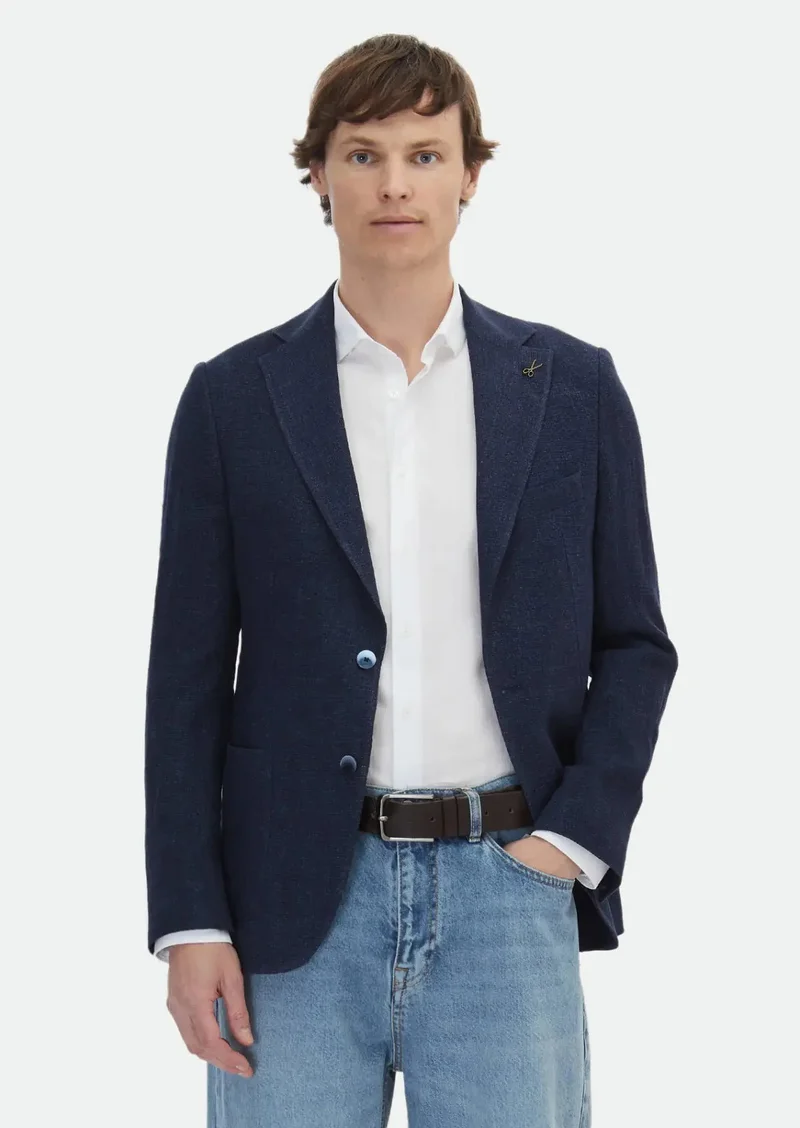 RAMSEY Indigo Patterned Shirt Shoulder Slim Fit 100% Linen Jacket