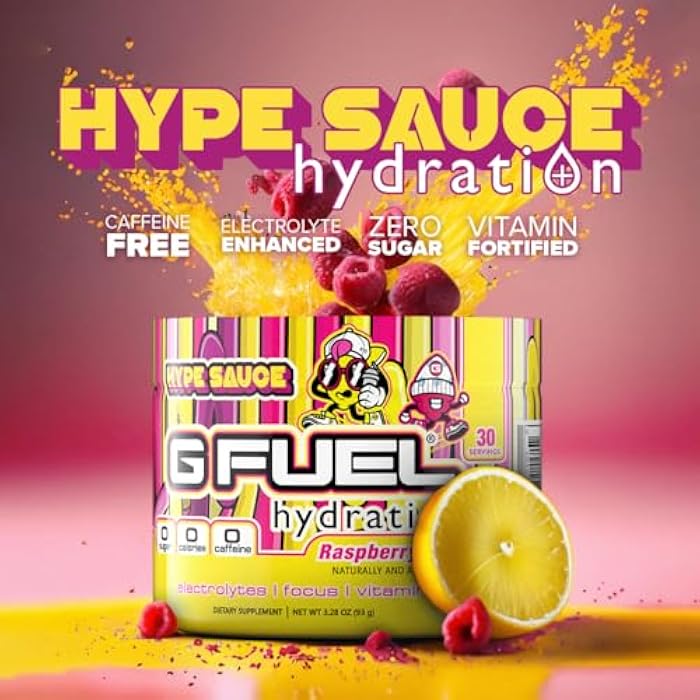 G Fuel Hype Sauce Supreme Hydration, Electrolyte Powder Mix for Energy & Focus, Sugar and Caffeine Free Supplement with Essential Vitamins & Minerals, Raspberry Lemonade Flavor, 3.3 oz - 30 Servings - Image 4