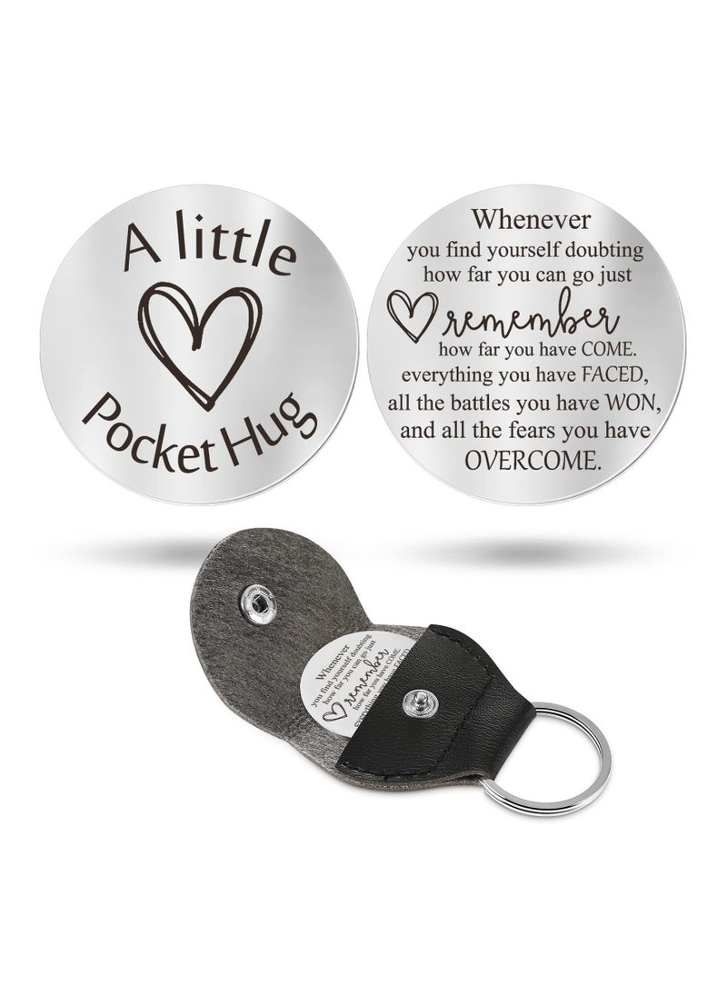 Pocket Hug Token Long Distance Relationship Keepsake Stainless Steel Double Sided Inspirational Gift with PU Leather Keychain - Image 1