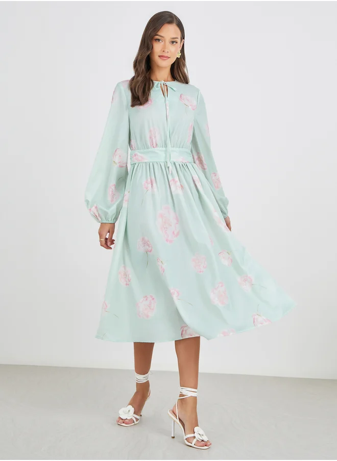 Styli Styli Floral Print Balloon Sleeves A-Line Midi Dress with Cinched Waist