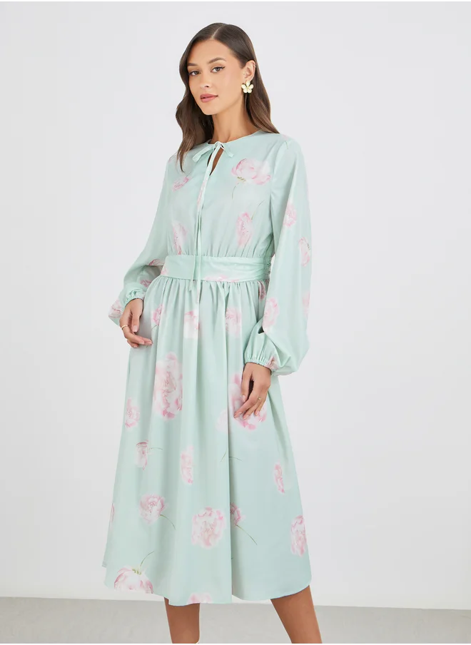 Styli Styli Floral Print Balloon Sleeves A-Line Midi Dress with Cinched Waist