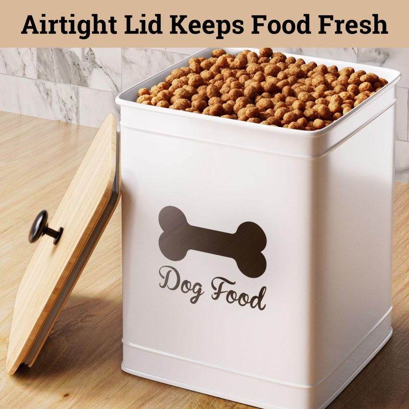 HB Design Co. Dog Food Container Airtight 5-7 lb (25 Cup) Capacity - Cute Airtight Dog Food Storage Container with Bamboo Lid & Sturdy Metal Handle - White Metal Kibble Storage Bin for Dogs up to 50 lbs - Pet Jar - Image 4