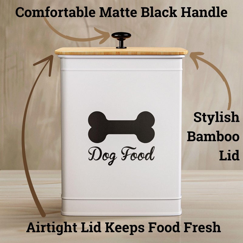 HB Design Co. Dog Food Container Airtight 5-7 lb (25 Cup) Capacity - Cute Airtight Dog Food Storage Container with Bamboo Lid & Sturdy Metal Handle - White Metal Kibble Storage Bin for Dogs up to 50 lbs - Pet Jar - Image 2
