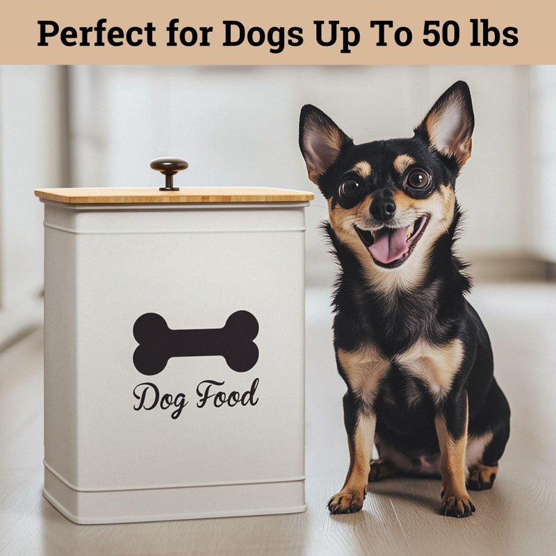 HB Design Co. Dog Food Container Airtight 5-7 lb (25 Cup) Capacity - Cute Airtight Dog Food Storage Container with Bamboo Lid & Sturdy Metal Handle - White Metal Kibble Storage Bin for Dogs up to 50 lbs - Pet Jar - Image 5