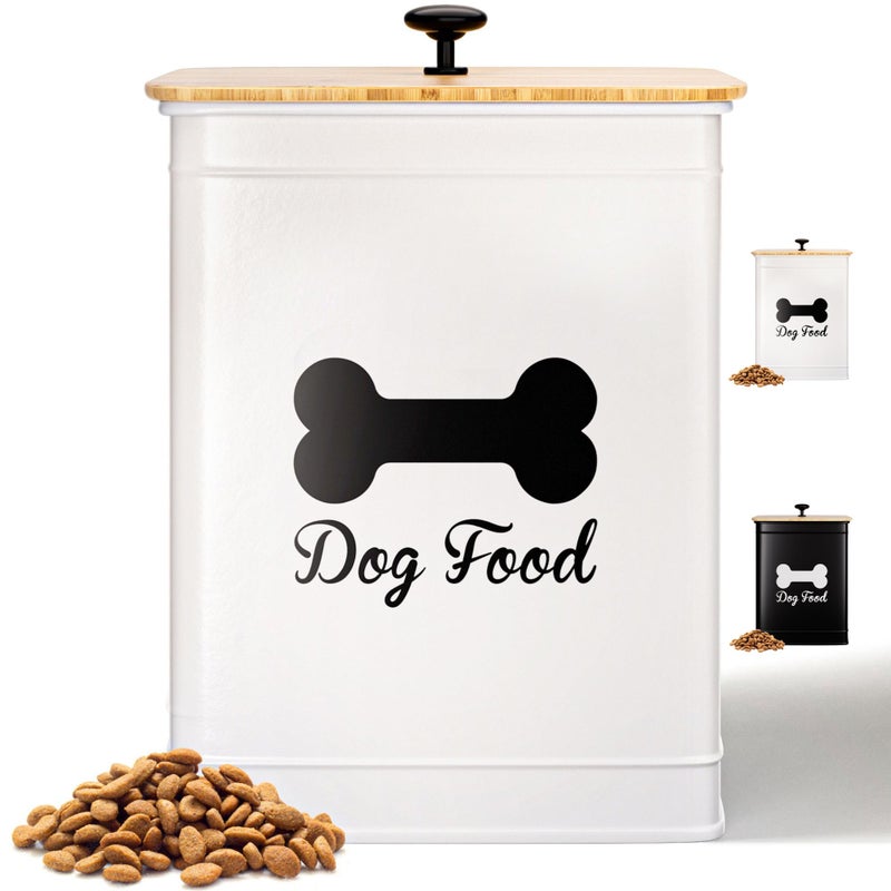 HB Design Co. Dog Food Container Airtight 5-7 lb (25 Cup) Capacity - Cute Airtight Dog Food Storage Container with Bamboo Lid & Sturdy Metal Handle - White Metal Kibble Storage Bin for Dogs up to 50 lbs - Pet Jar - Image 1