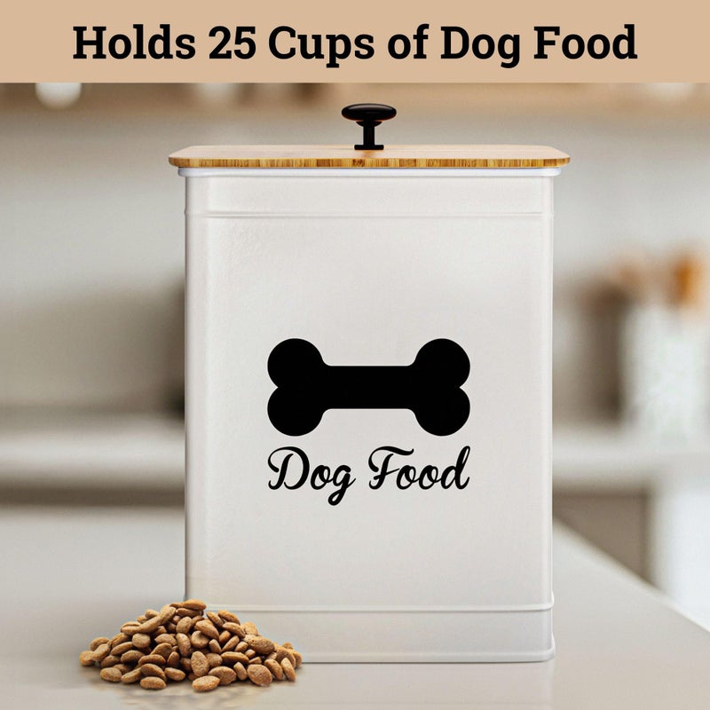 HB Design Co. Dog Food Container Airtight 5-7 lb (25 Cup) Capacity - Cute Airtight Dog Food Storage Container with Bamboo Lid & Sturdy Metal Handle - White Metal Kibble Storage Bin for Dogs up to 50 lbs - Pet Jar - Image 3
