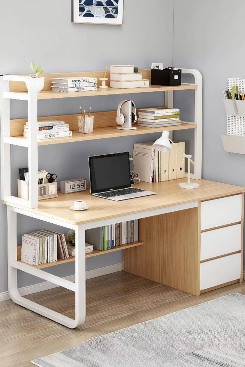AIWANTO Desk with 2 Storage Shelves and Large 3 Drawers PC Multifunctional Home Office Modern Laptop Sturdy Shelves Simple Stylish Workstation Study Table 120x148x50cm - Image 1