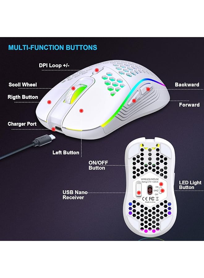 ® Wireless Mouse Wireless Gaming Mouse Rechargeable Pc Mouse With Rgb Backlight 6 Buttons Adjustable Lightweight Honeycomb Shell For Laptops Pc Computers (White) - Image 4