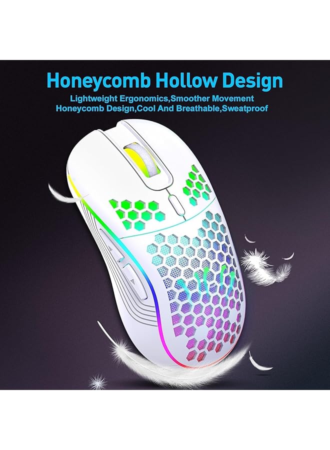 ® Wireless Mouse Wireless Gaming Mouse Rechargeable Pc Mouse With Rgb Backlight 6 Buttons Adjustable Lightweight Honeycomb Shell For Laptops Pc Computers (White) - Image 3