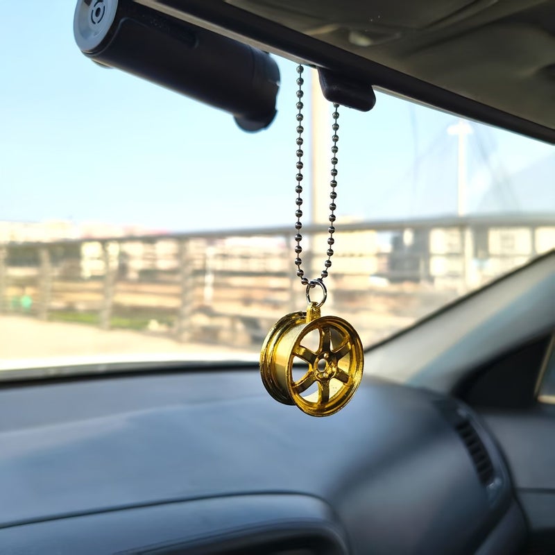 Golden Rotatable Car Wheel Hub Ornament Rearview Mirror Pendant Backpack Charm Desktop Decoration Trendy Gift For Boyfriend - Image 1
