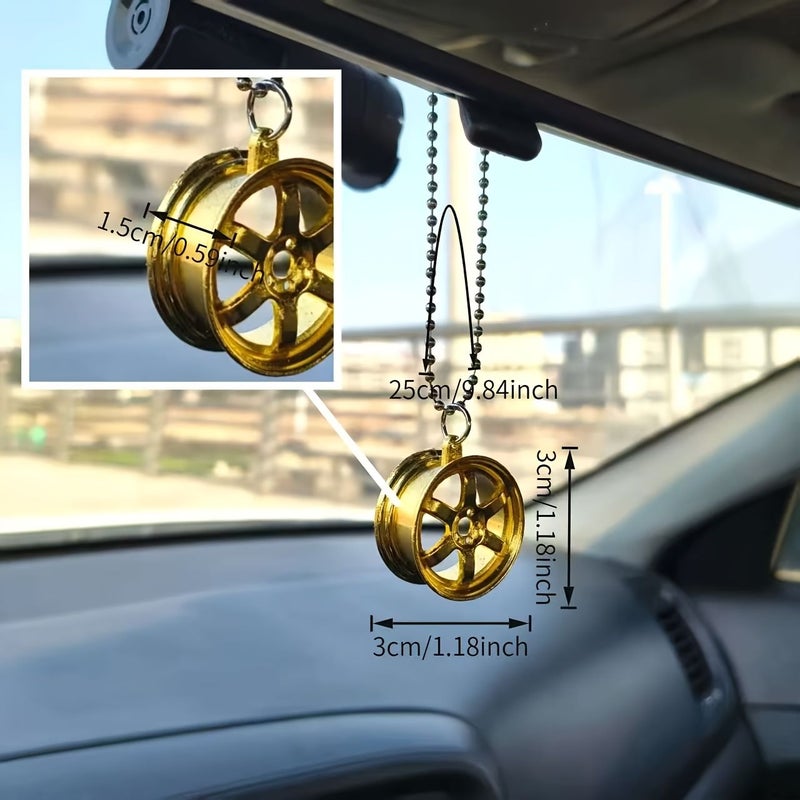 Golden Rotatable Car Wheel Hub Ornament Rearview Mirror Pendant Backpack Charm Desktop Decoration Trendy Gift For Boyfriend - Image 2