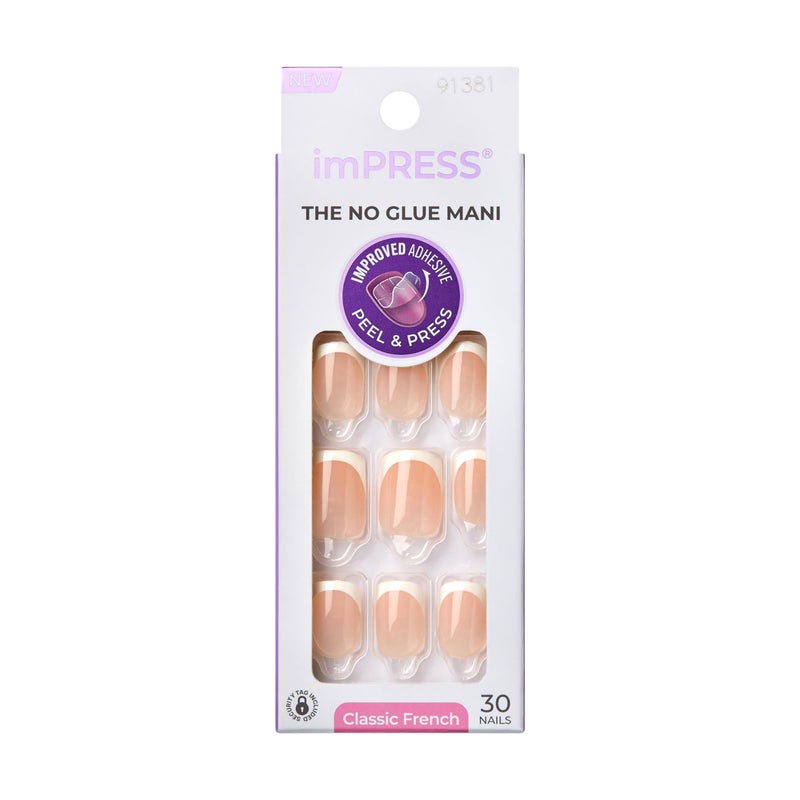 Impress KISS imPRESS No Glue Mani Press On Nails, French, 'Model', White, Short Size, Squoval Shape, Includes 30 Nails, Prep Pad, Instructions Sheet, 1 Manicure Stick, 1 Mini File - Image 1