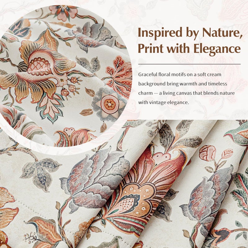 FMFUNCTEX 100% Boho Blackout Floral Curtains for Bedroom, Vintage Flower Patterned Beige Curtains 63 Inch Length for Living Room Darkening Thermal Insulated Grommet Window Farmhose Drapes 2 Panels - Image 5