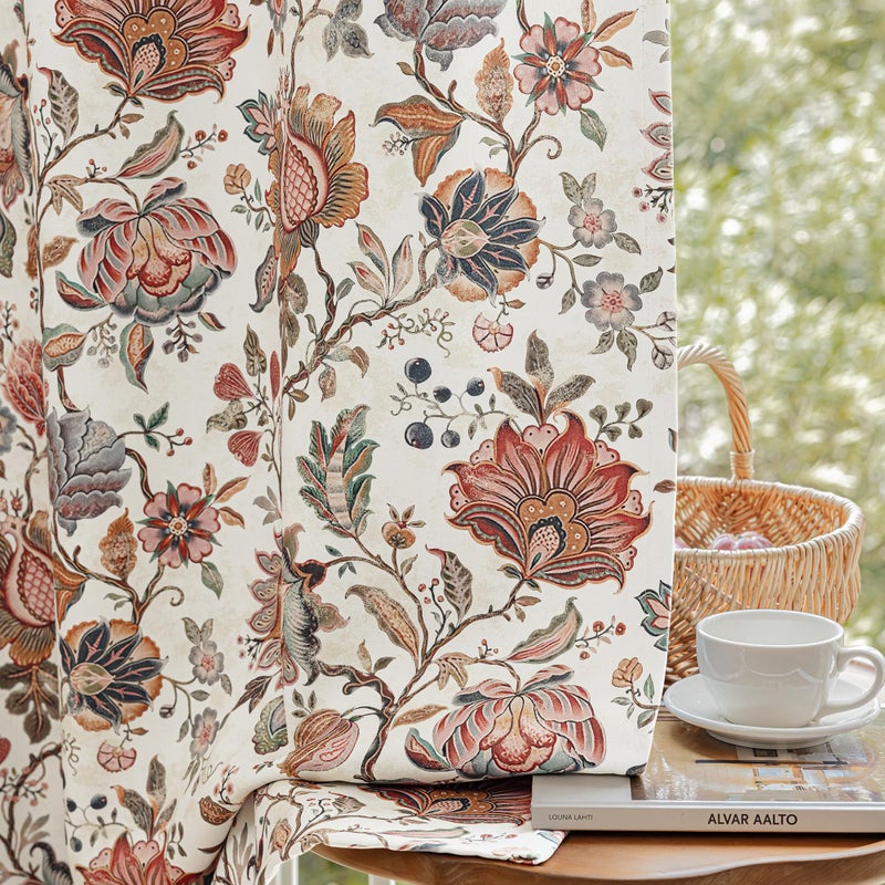 FMFUNCTEX 100% Boho Blackout Floral Curtains for Bedroom, Vintage Flower Patterned Beige Curtains 63 Inch Length for Living Room Darkening Thermal Insulated Grommet Window Farmhose Drapes 2 Panels - Image 1