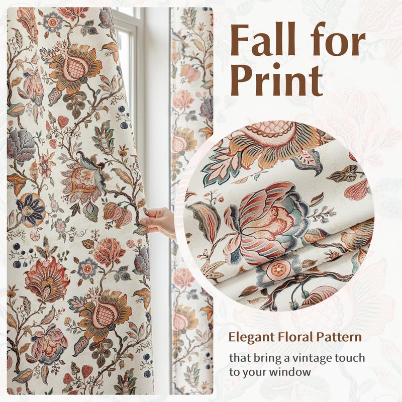 FMFUNCTEX 100% Boho Blackout Floral Curtains for Bedroom, Vintage Flower Patterned Beige Curtains 63 Inch Length for Living Room Darkening Thermal Insulated Grommet Window Farmhose Drapes 2 Panels - Image 4
