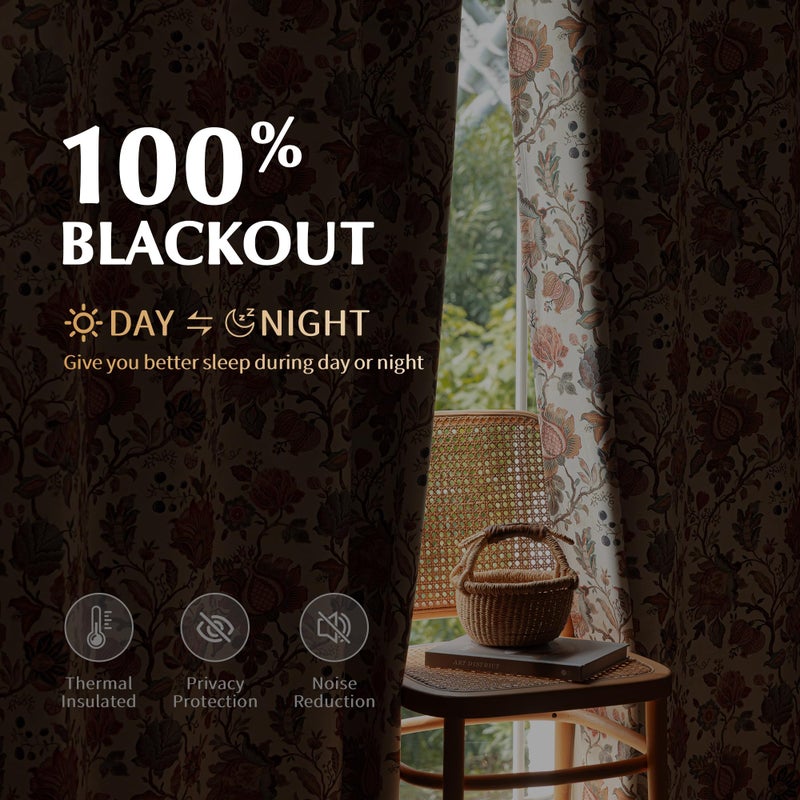 FMFUNCTEX 100% Boho Blackout Floral Curtains for Bedroom, Vintage Flower Patterned Beige Curtains 63 Inch Length for Living Room Darkening Thermal Insulated Grommet Window Farmhose Drapes 2 Panels - Image 3