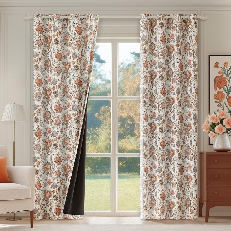 FMFUNCTEX 100% Boho Blackout Floral Curtains for Bedroom, Vintage Flower Patterned Beige Curtains 63 Inch Length for Living Room Darkening Thermal Insulated Grommet Window Farmhose Drapes 2 Panels - Image 2