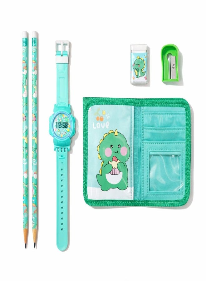 Fiddlys Kids Stationery Gift Set with Watch & Pouch | Cute Travel Kit for Boys & Girls | Pencil, Eraser, Sharpener, Wallet Combo (Happy Dino) - Image 2