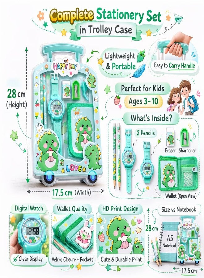 Fiddlys Kids Stationery Gift Set with Watch & Pouch | Cute Travel Kit for Boys & Girls | Pencil, Eraser, Sharpener, Wallet Combo (Happy Dino) - Image 3