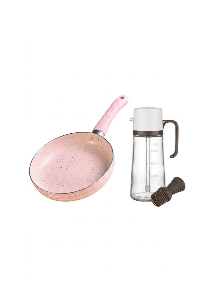 Practical 2-piece kitchen set: 550ml glass oil dispenser bottle with silicone brush + mini non-stick granite egg frying pan - Image 1