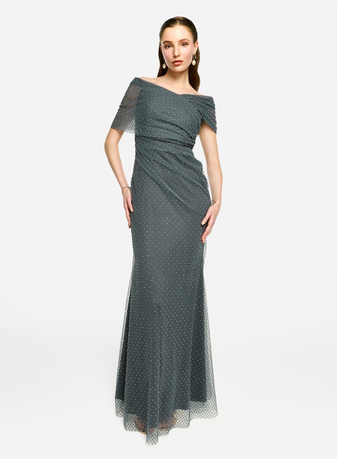 هاوس اوف مودا فستان ماكسي بتطريز شبكي بدون أكتاف من هاوس أوف مودا - Image 1