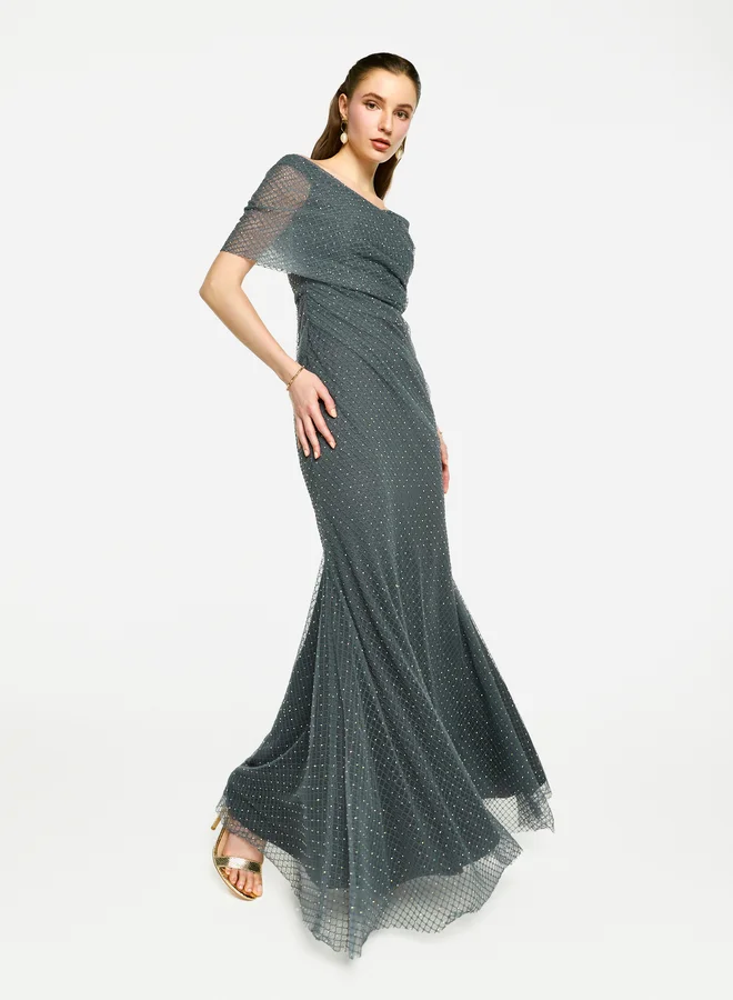 House of Moda House of Moda Embellished Mesh Off Shoulder Maxi Dress