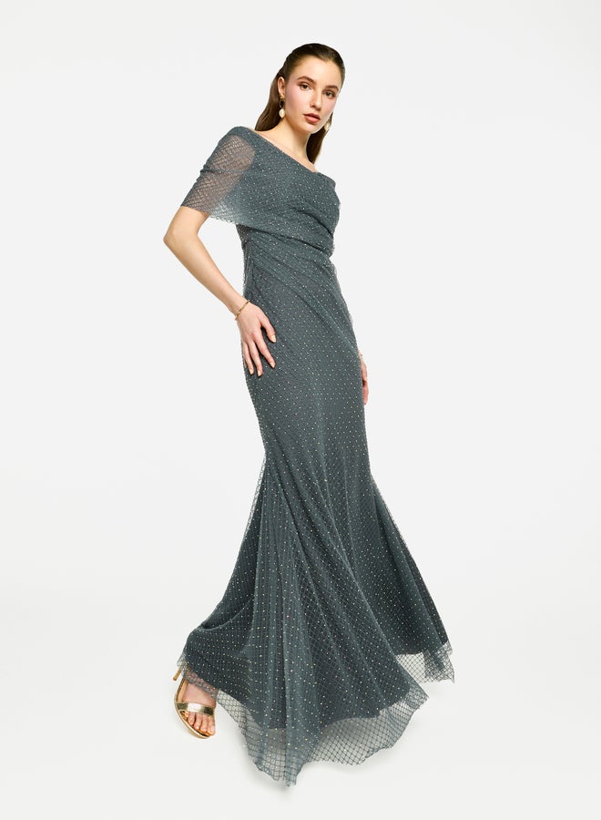 هاوس اوف مودا فستان ماكسي بتطريز شبكي بدون أكتاف من هاوس أوف مودا - Image 2