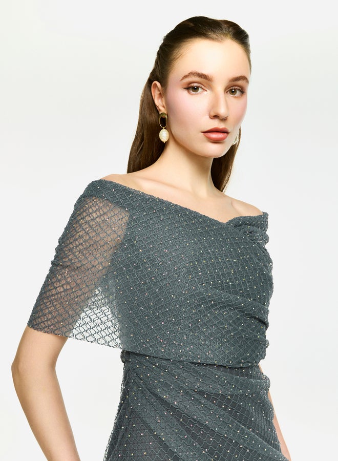 هاوس اوف مودا فستان ماكسي بتطريز شبكي بدون أكتاف من هاوس أوف مودا - Image 5