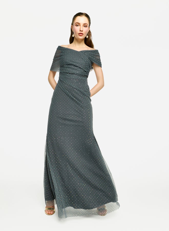 هاوس اوف مودا فستان ماكسي بتطريز شبكي بدون أكتاف من هاوس أوف مودا - Image 3