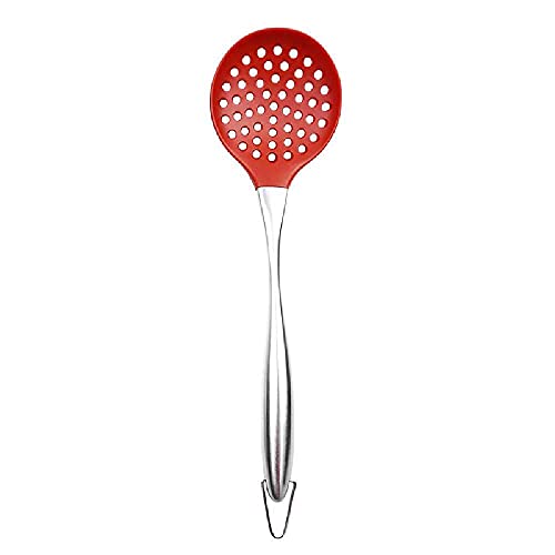 Baskety Premium Siliocne Nylon Stainless Steel Fring Spoon Strainer Slotted Spoon Ladle Spatula Turner Skimer Conlander Silicone Kitchen Utensil Set for Cooking Red Pack of 1 - Image 1