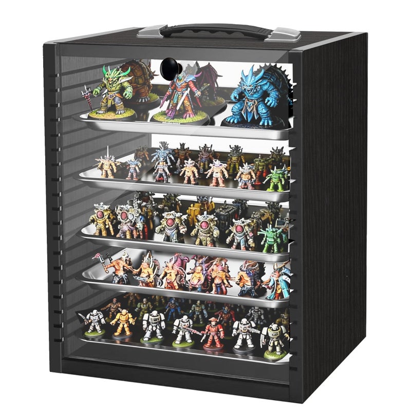 montex Miniature Storage Case for Collectibles Miniatures, Wooden Miniature Display Cases with 5 Trays, Transparent Front and Back for Better Display, Miniatures Transport Case, Black - Image 1